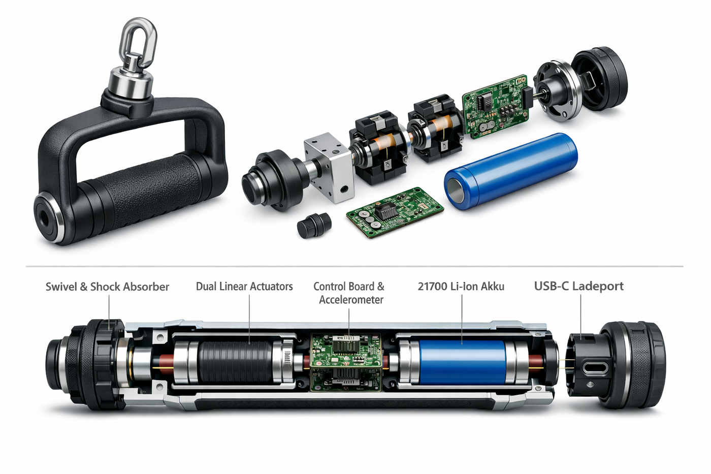 Explosionsdarstellung eines Industrie-Handgeräts mit Elektronik, Aktuatoren und Akku